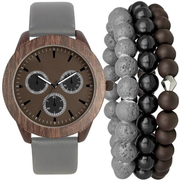 Other - INC International Concepts Gray Faux-Leather Strap Watch 48mm & 3-Pc. Bracelet S